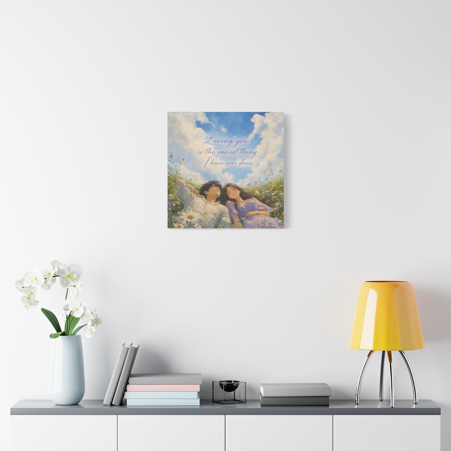 "Loving You Is The Easiest Thing I Have Ever Done." Canvas Wall Art - Romantic Couple In Wildflower Meadow Sky Quote Print - Dreamy Pastel Illustration - Ready to Hang - Living Room Wall Decor