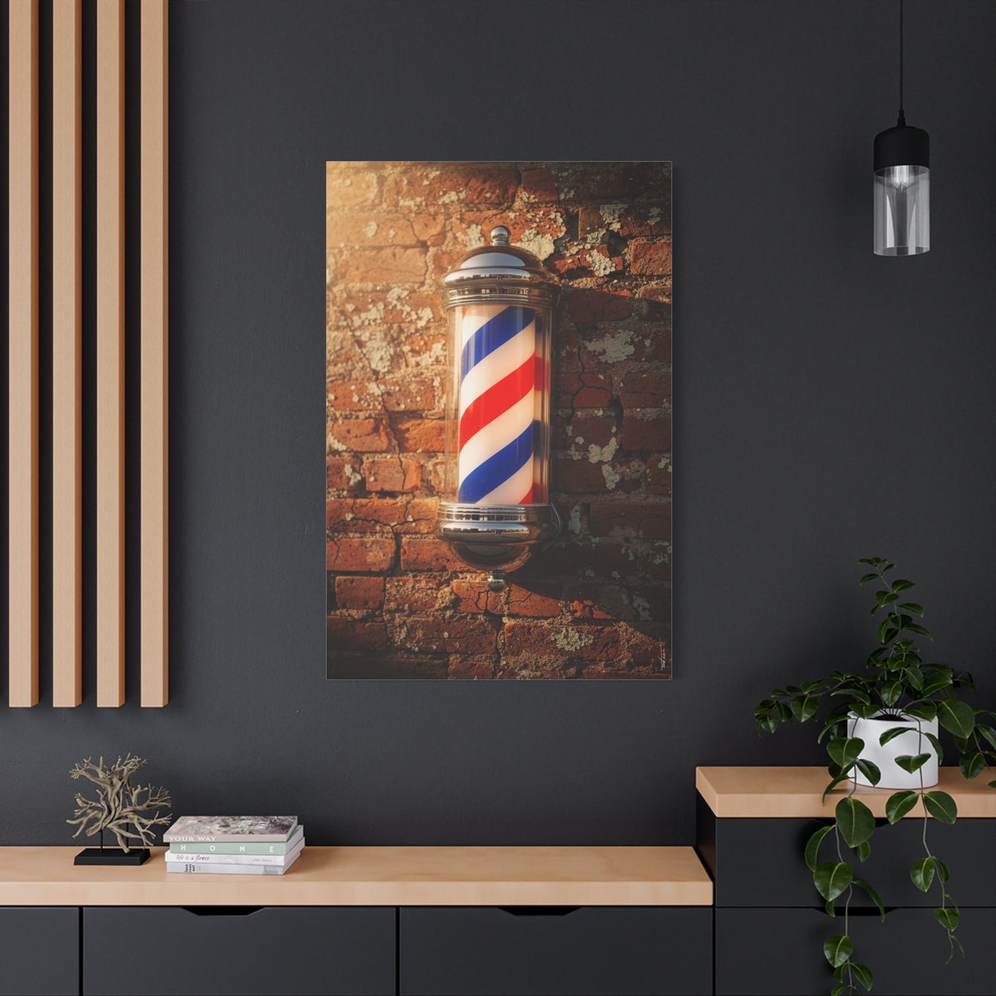 Vintage Barber Pole Canvas Wall Art - Rustic Brick Wall Art Print, Red Blue White Stripe Shop Decor - Matte Cotton Art Print - Barbershop Interior Accent, Lobby Workspace Styling - Ready to Hang
