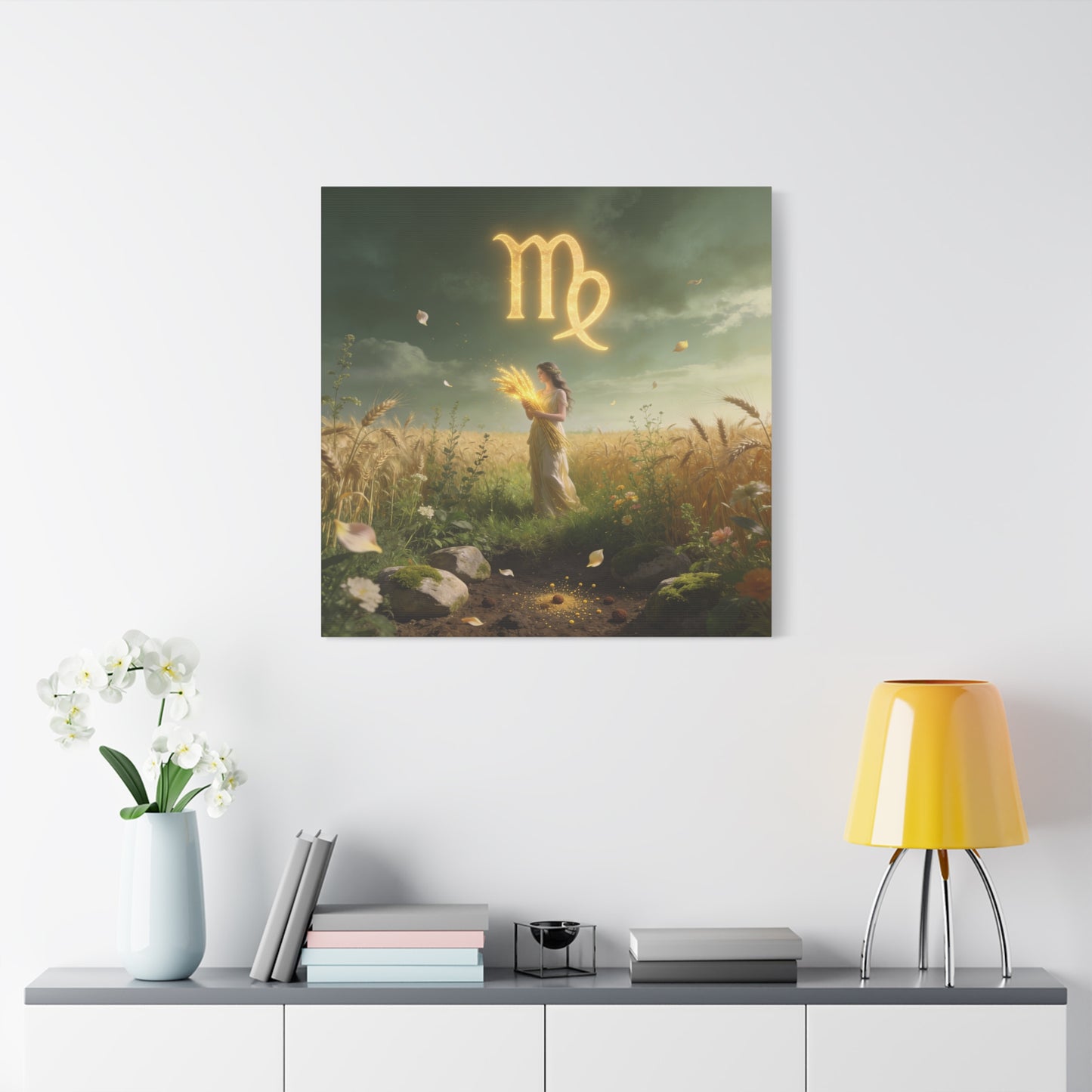 Virgo Zodiac Canvas Wall Art - Glowing Virgo Symbol, Woman In Wheat Field - Mystical Celestial Illustration, Matte Canvas Print - Bedroom Wall Decor, Meditation Space Accent - Bedroom Home Decoration