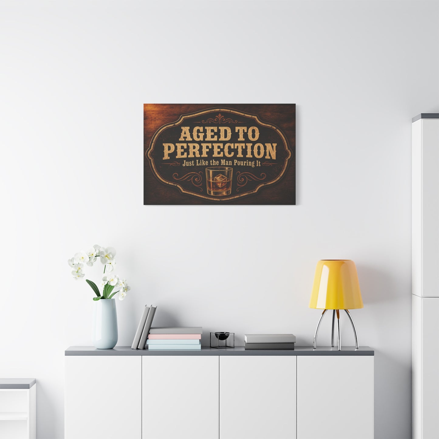"Aged To Perfection Just Like The Man Pouring It" Whiskey Canvas Wall Art - Vintage Bar Quote Decor, Old Fashioned Glass Illustration - Office Wall Art - Ready to Hang - Cocktail Lounge Decor