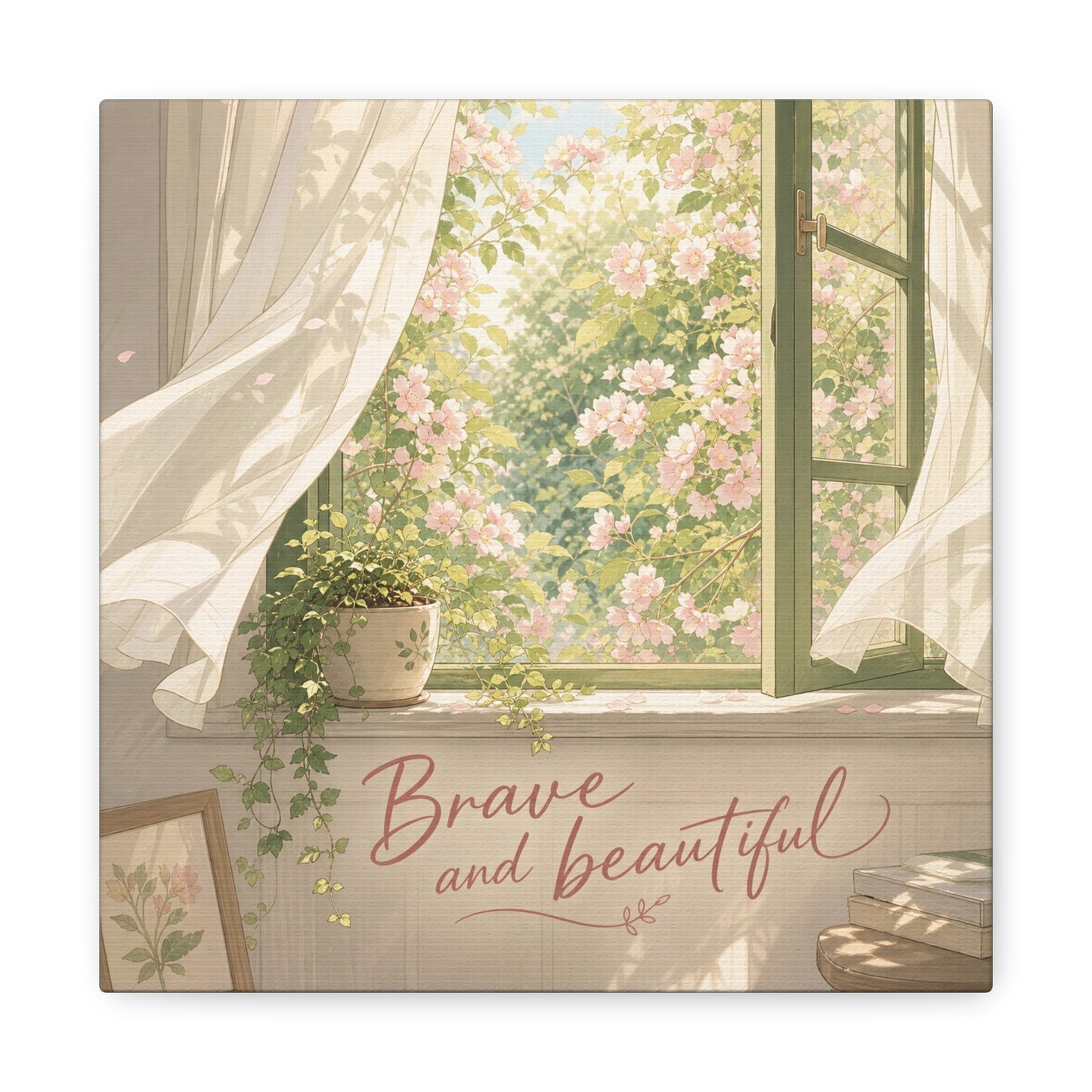 "Brave And Beautiful" Inspirational Canvas Wall Art - Open Window Pink Blossoms, Sheer Curtains, Botanical Quote Print - Soft Vintage Style - Bedroom Wall Decor, Living Room Accent - Ready to Hang
