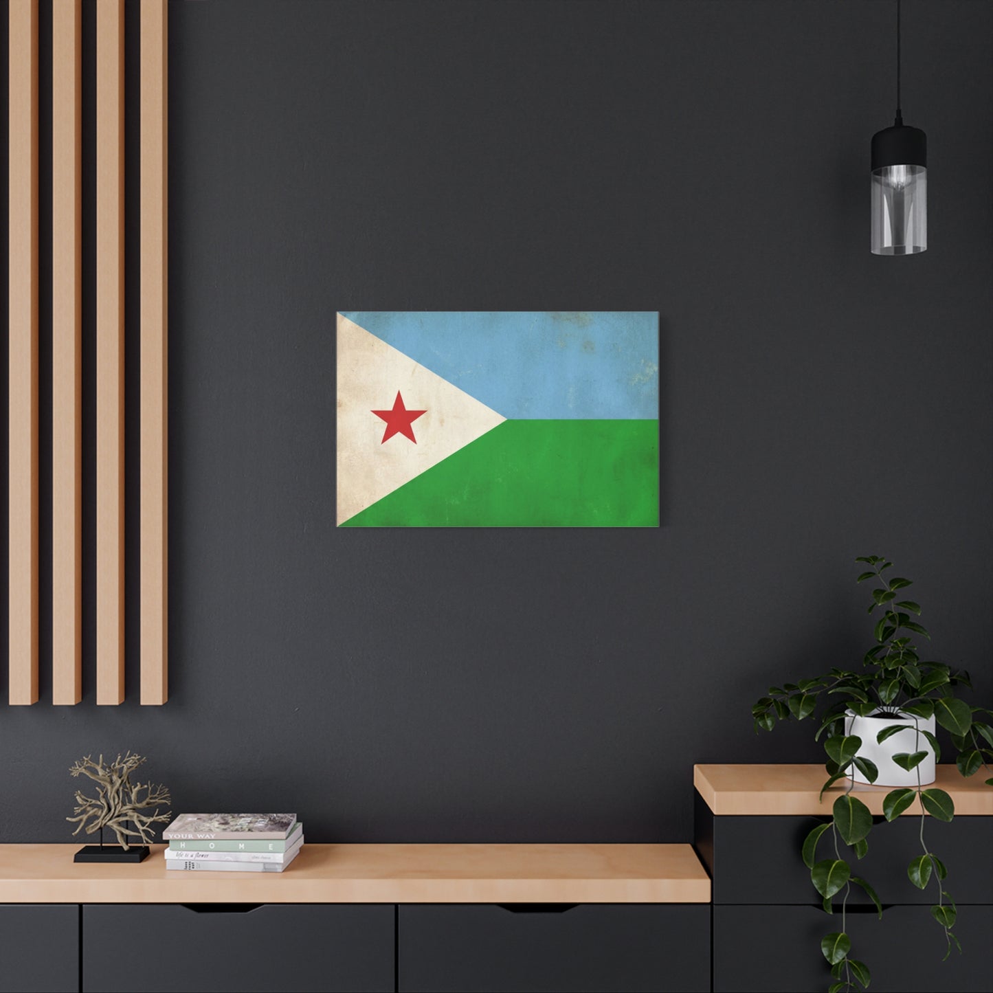 Djibouti Flag Canvas Wall Art - Vintage National Banner Print, Patriotic Home Decor - Distressed Blue Green White Red Star Design - Living Room Decoration - Living Room Wall Decor - Ready to Hang