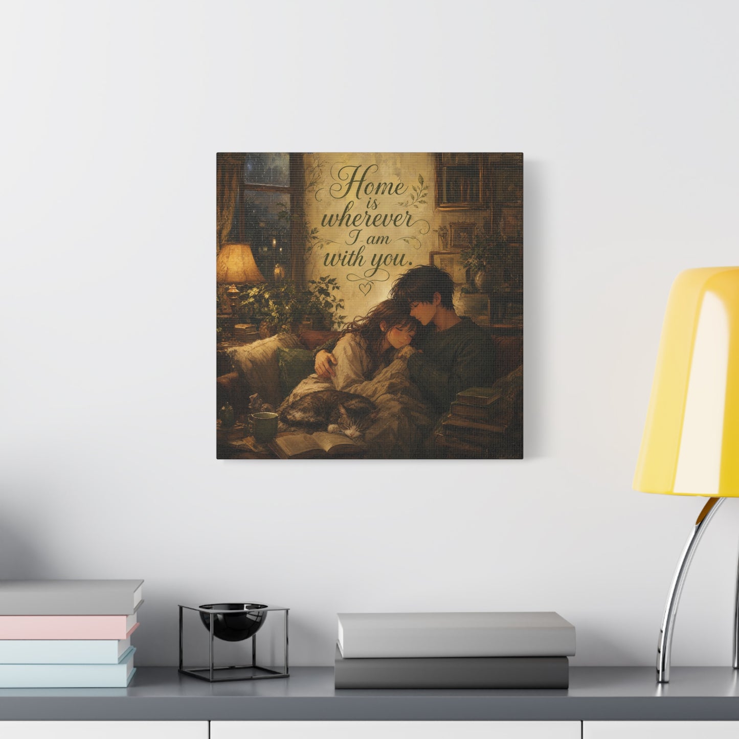 "Home Is Wherever I Am With You." Couple Canvas Wall Art - Romantic Cozy Reading Nook Quote Print - Vintage Warm Lamplight Style - Living Room Wall Decor, Bedroom Home Decoration - Ready to Hang