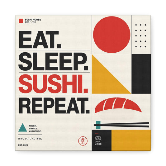 "Eat. Sleep. Sushi. Repeat." Sushi Canvas Wall Art - Japanese Typography Print, Geometric Food Poster Design - Modern Minimalist Cotton Canvas - Cafe Decor, Kitchen Accent, Dining Room Artwork