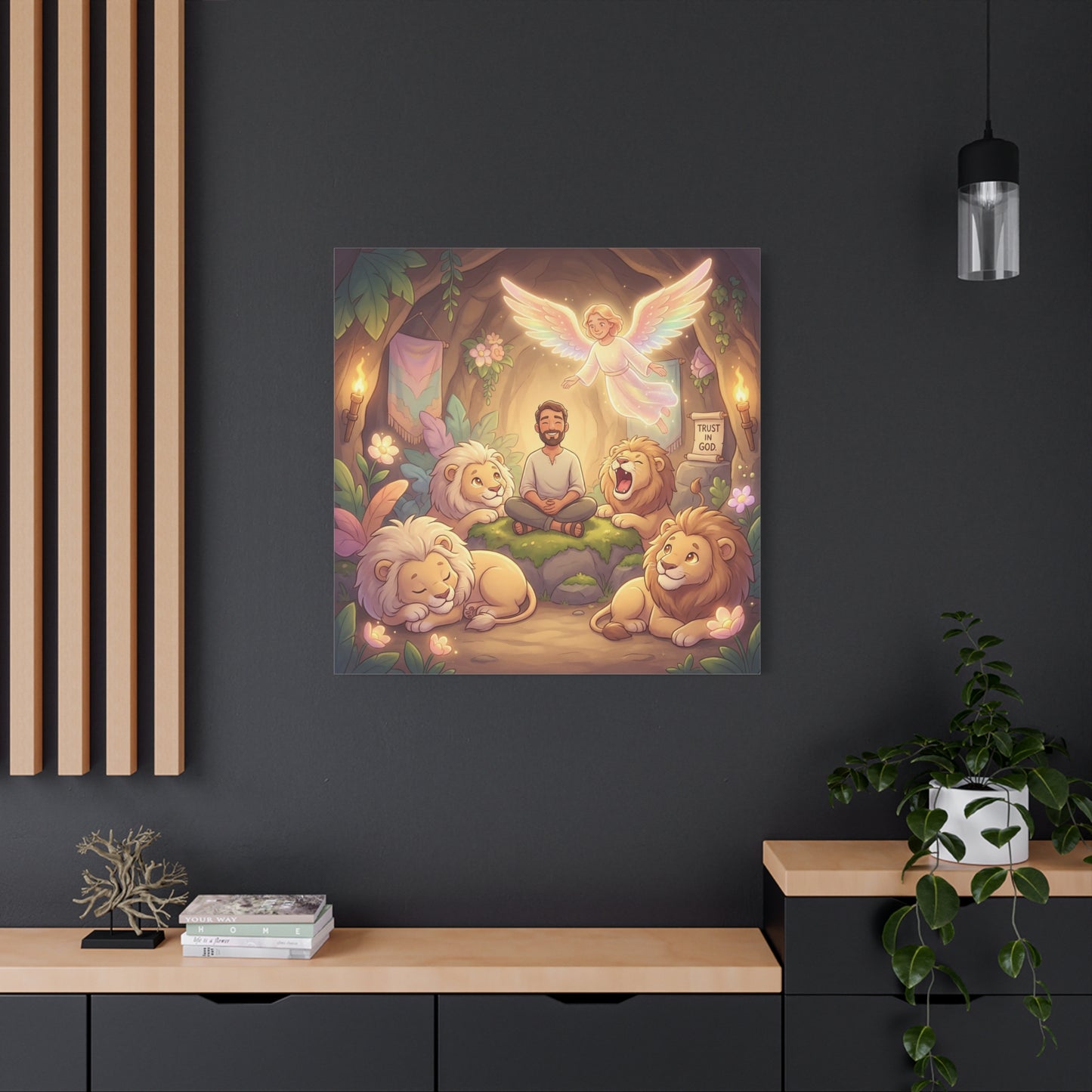 "Trust In God" Christian Canvas Wall Art - Angel, Man With Lions Cave Scene - Pastel Nursery Decor, Matte Cotton Print - Kids Bedroom Wall Decor, Playroom Home Decoration - Ready to Hang
