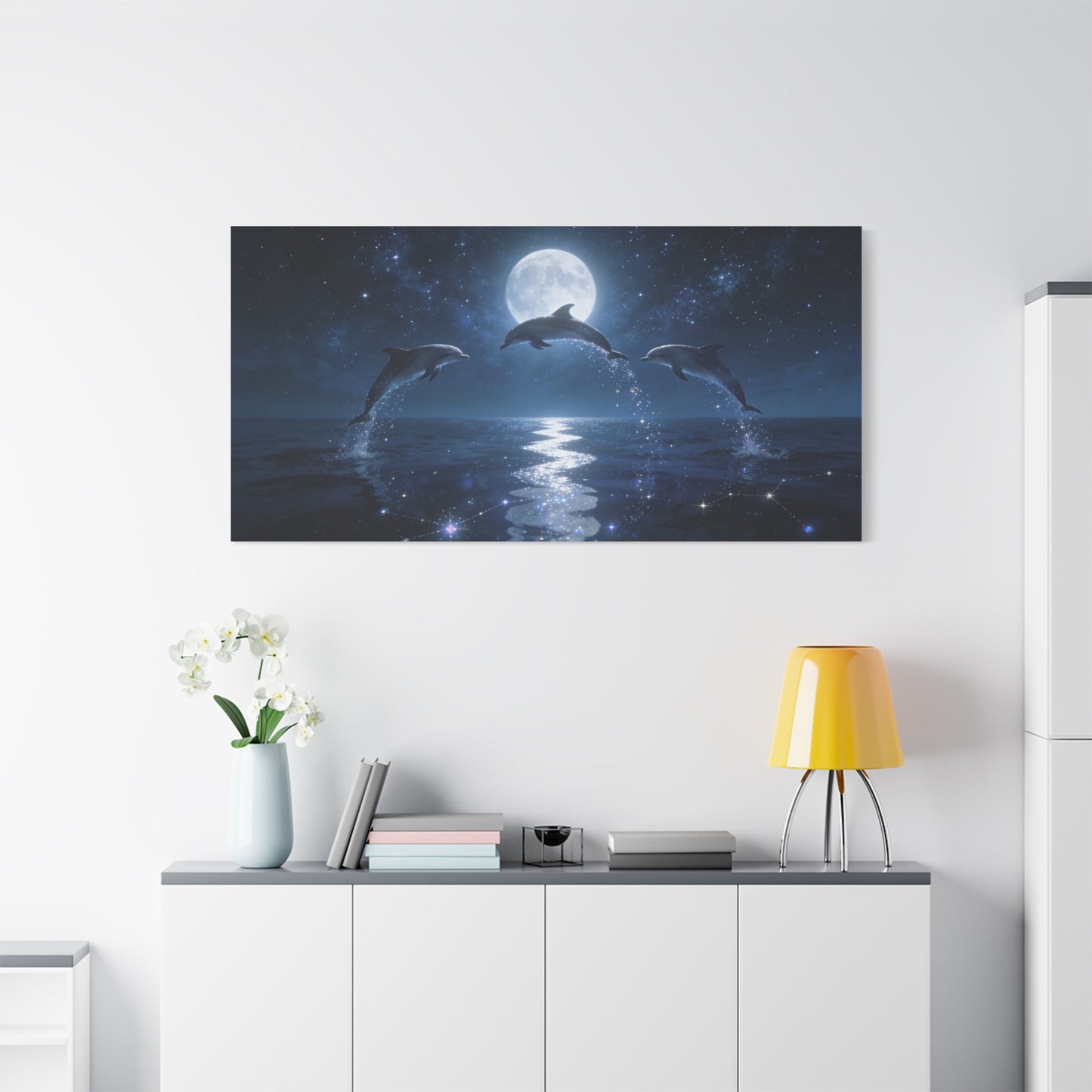 Moonlit Dolphin Canvas Wall Art - Starry Ocean Night Seascape Print - Celestial Blue Marine Decor, Matte Cotton Artwork - Bedroom Wall Decor, Living Room Home Decoration - Bedroom Home Decoration