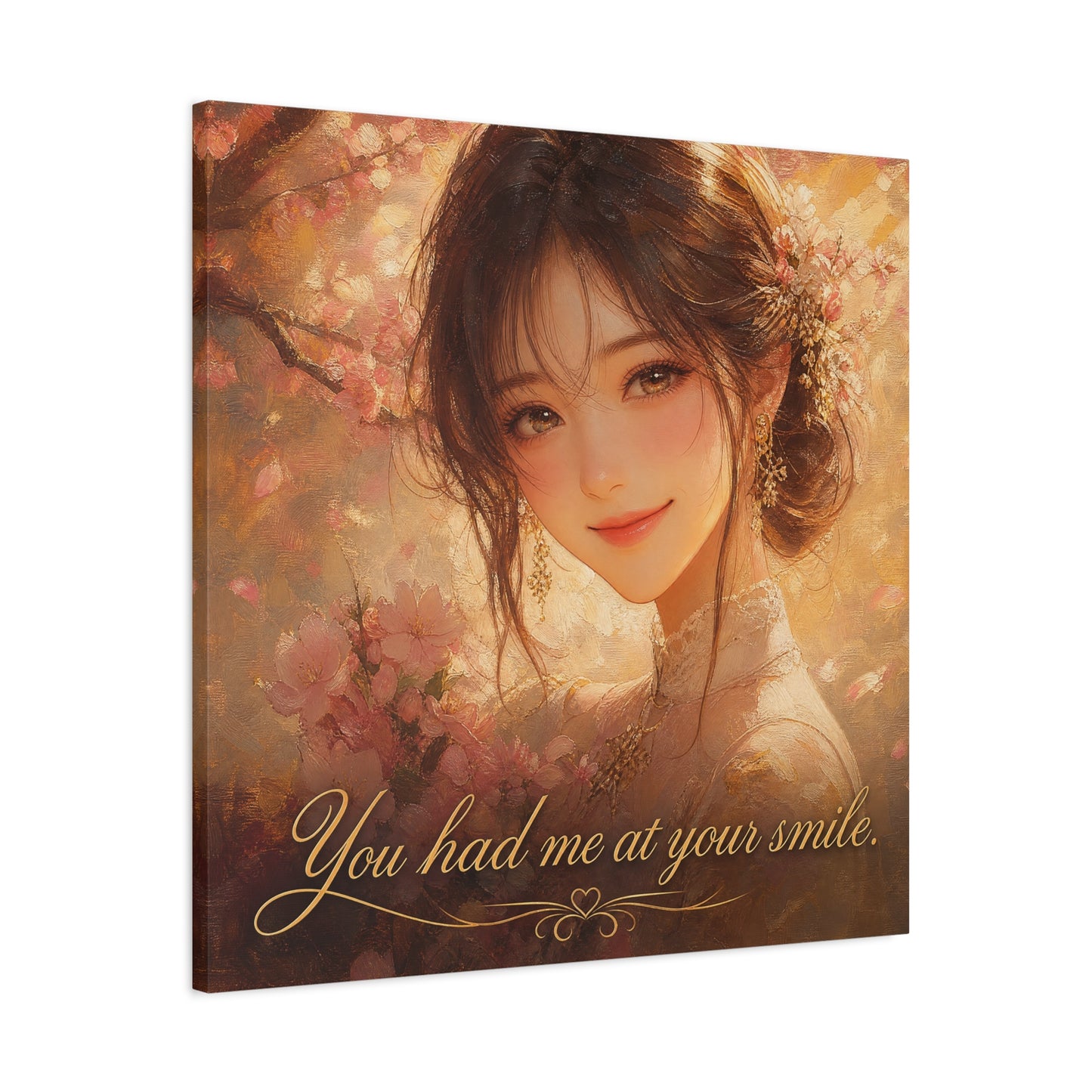 You Had Me At Your Smile Portrait Canvas Wall Art - Romantic Floral Woman Quote Print - Golden Blush Illustration - Traditional Style Living Room Decor - Ready to Hang - Living Room Wall Decor