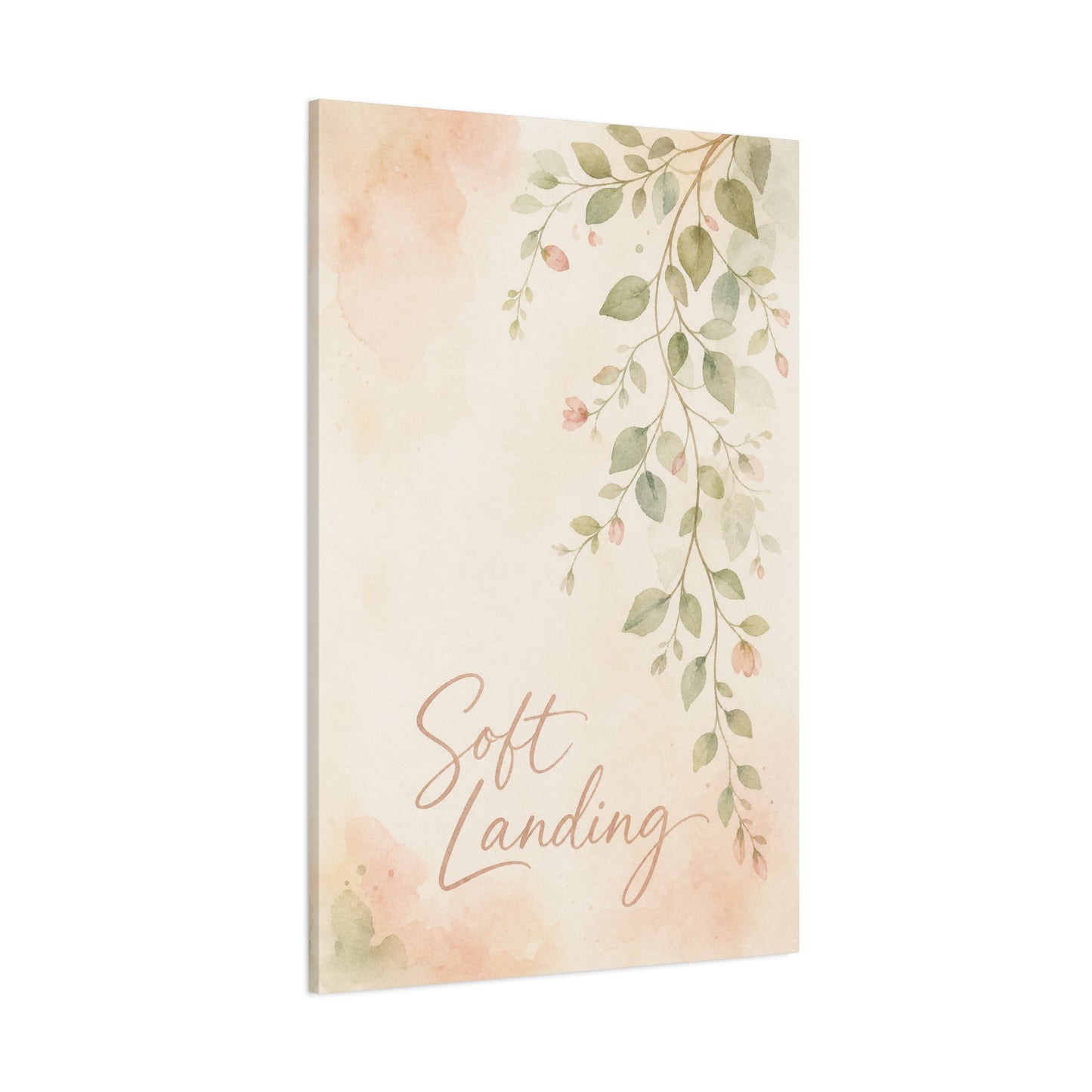 "Soft Landing" Botanical Canvas Wall Art - Watercolor Leaf Branch Quote Print - Blush Sage Floral Typography Decor - Bedroom Wall Hanging - Bedroom Home Decoration - Modern Farmhouse Style