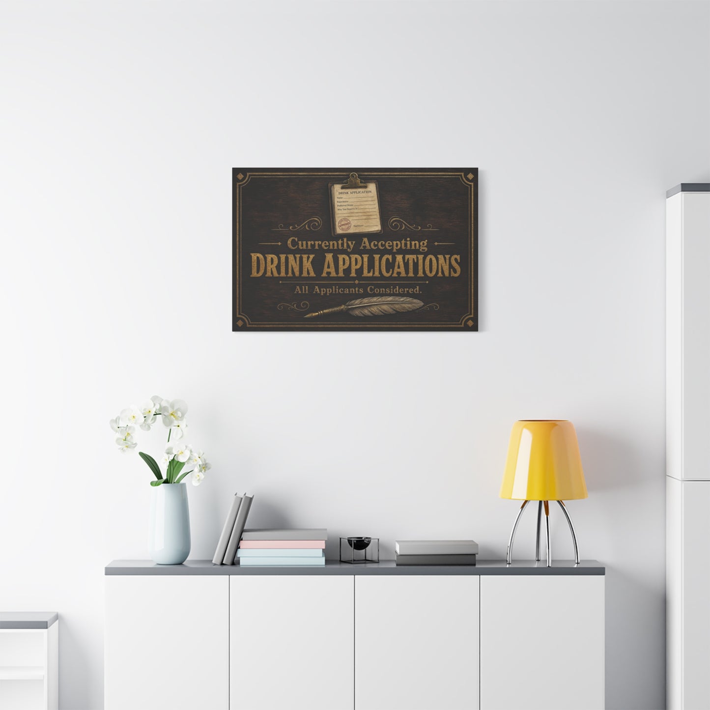 "Currently Accepting Drink Applications" Funny Canvas Wall Art - Vintage Bar Sign Quote, Rustic Brown Typography Decor - Humorous Pub Wall Hanging - Cocktail Lounge Decor - Speakeasy Style Sign