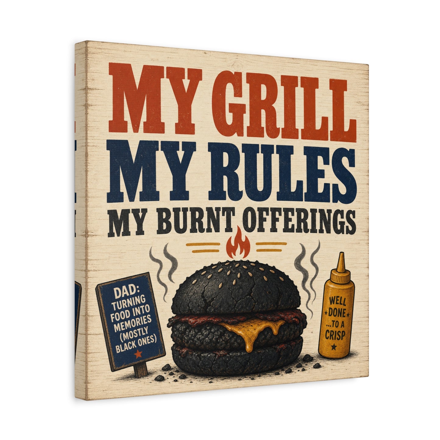 "My Grill My Rules My Burnt Offerings" Funny BBQ Canvas Wall Art - Burnt Burger Grill Sign, Rustic Farmhouse Kitchen Decor, Patriotic Red Blue Typography Print - Man Cave Wall Decor - Ready to Hang