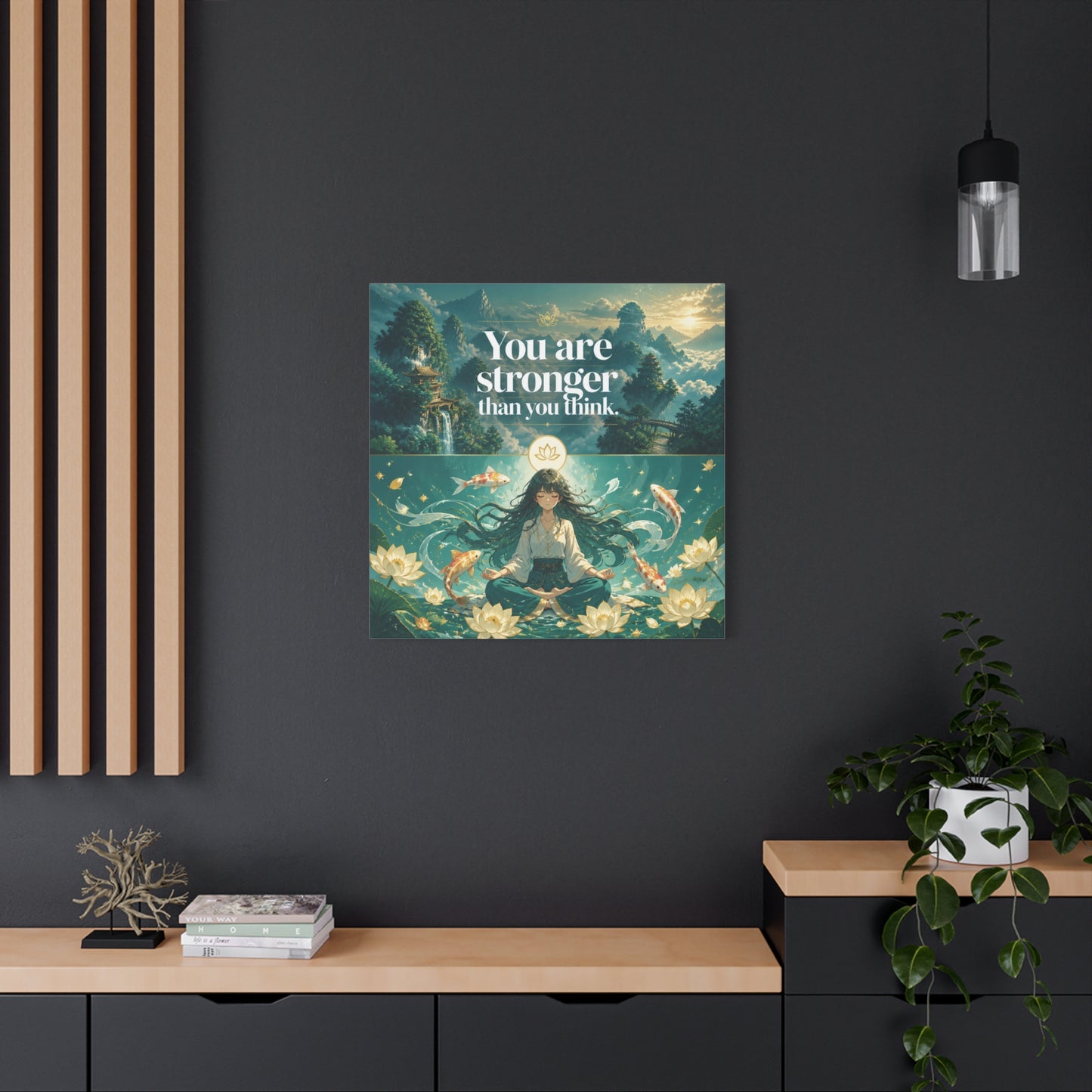 "You Are Stronger Than You Think." Inspirational Canvas Wall Art - Meditating Girl, Koi Fish, Lotus Lake - Zen Fantasy Landscape - Bedroom Wall Decor, Meditation Space, Jellyfish Room Decor