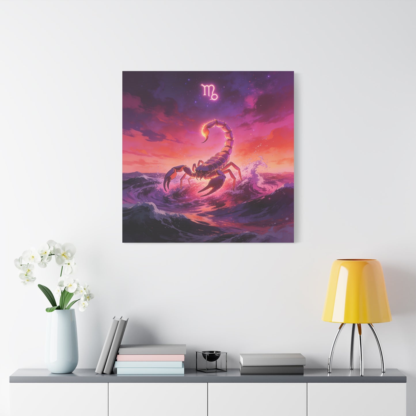 Scorpio Zodiac Canvas Wall Art - Glowing Scorpion Ocean Illustration, Celestial Astrology Print - Matte Cotton Canvas - Modern Fantasy Style - Bedroom Wall Decor, Home Office Accent - Ready to Hang