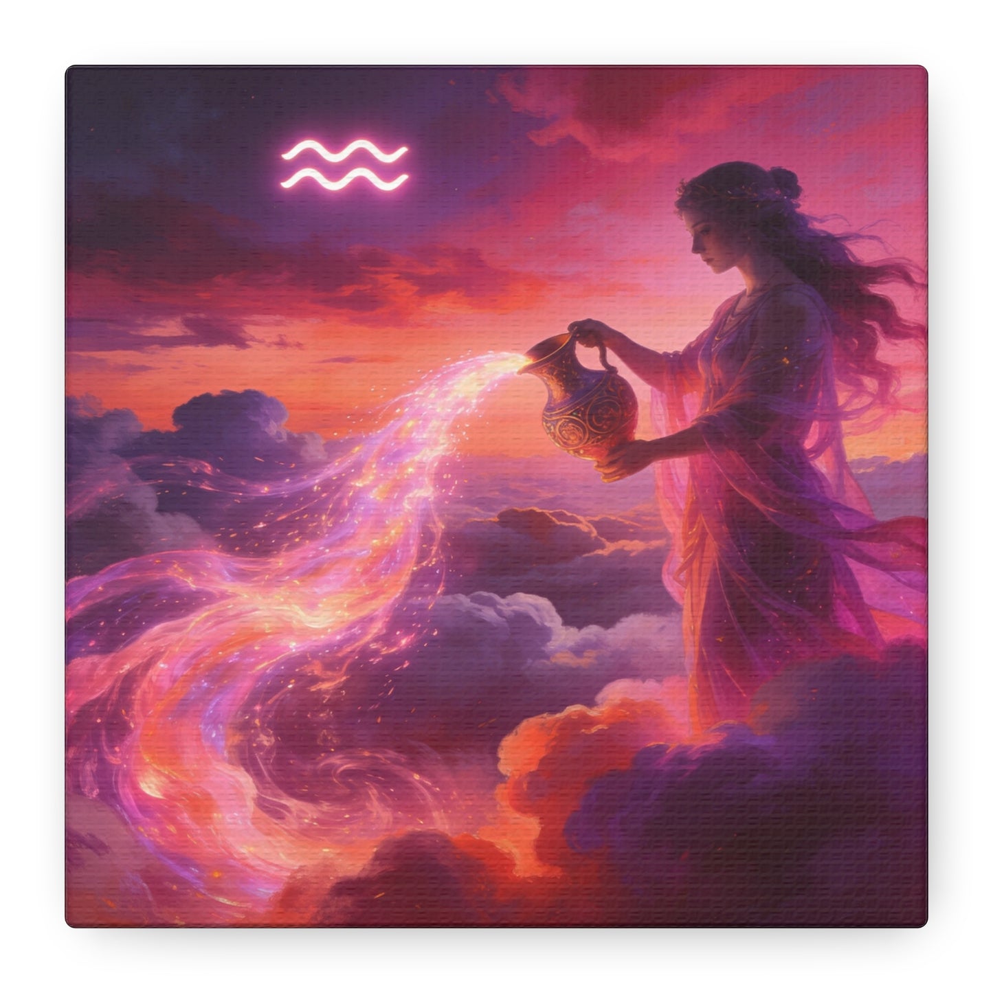 Aquarius Goddess Canvas Wall Art - Zodiac Woman Pouring Celestial Water, Fantasy Sky Illustration - Pink Purple Matte Canvas Print - Bedroom Wall Decor, Bohemian Home Accent - Bedroom Home Decoration