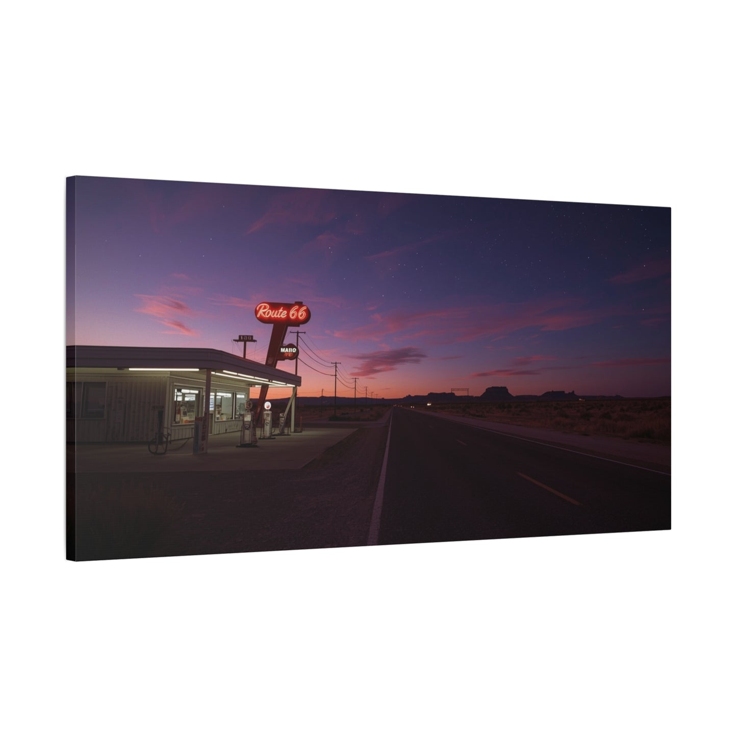 "Route 66" Desert Gas Station Canvas Wall Art - Twilight Roadside Art Print - Purple Pink Sunset Sky, Retro Americana Style - Living Room Wall Decor, Office Art - Bedroom Home Decoration