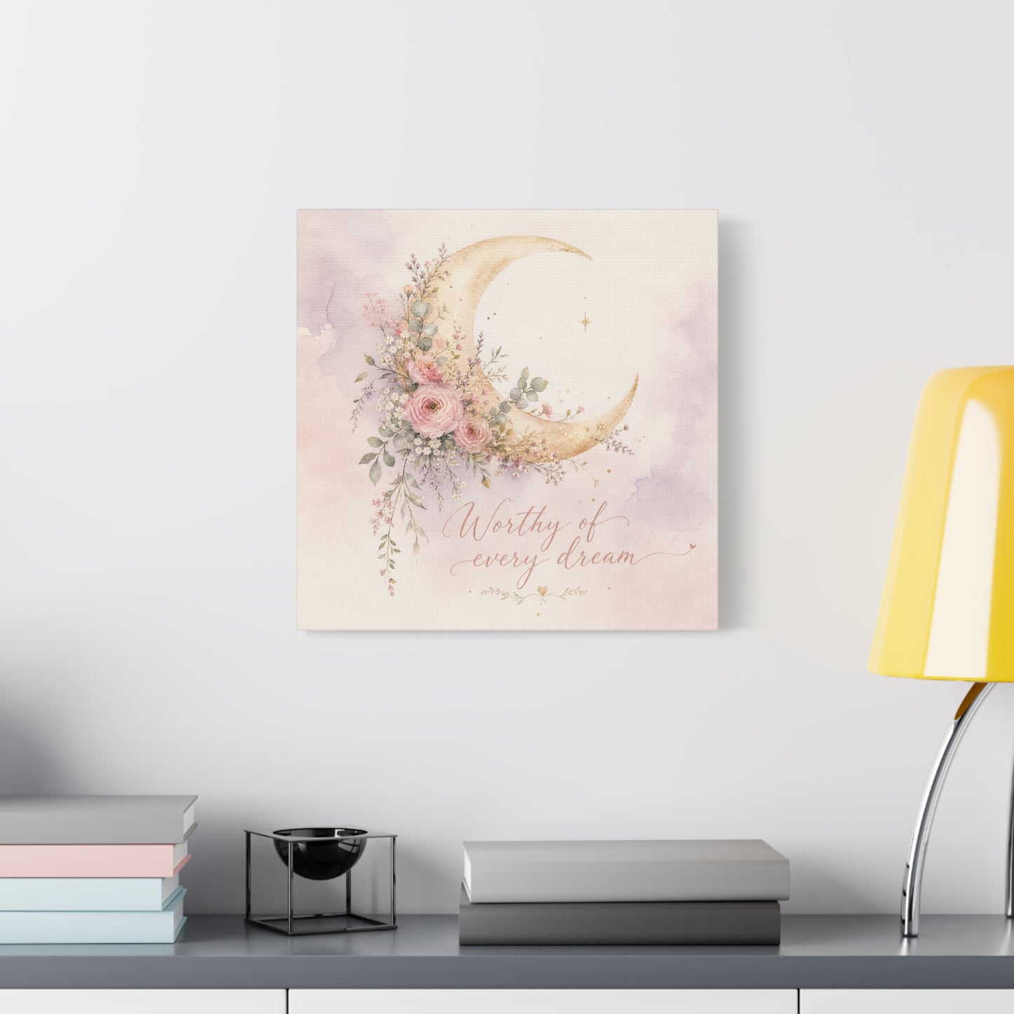"Worthy Of Every Dream" Moon Canvas Wall Art - Floral Crescent, Inspirational Blush Gold Watercolor - Bohemian Bedroom Wall Decor - Nursery Home Decoration - Bedroom Home Decoration - Ready to Hang