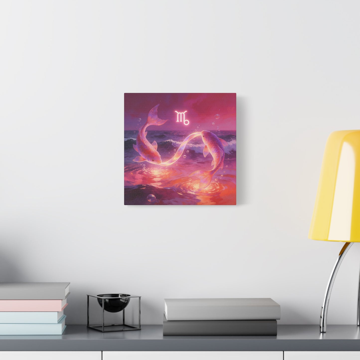 Scorpio Zodiac Canvas Wall Art - Glowing Koi Fish Ocean Illustration, Pink Purple Celestial Water Scene - Modern Fantasy Decor - Bedroom Home Decoration, Living Room Accent - Living Room Wall Decor