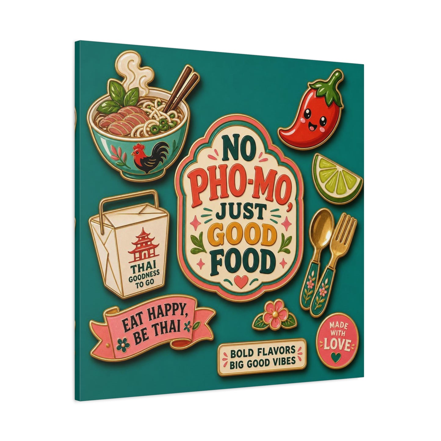 "No Pho-Mo Just Good Food" Canvas Wall Art - Thai Food Quote Kitchen Decor - Colorful Illustration Print, Retro Typography Style - Dining Room Accent, Cafe Wall Decor - Bedroom Home Decoration