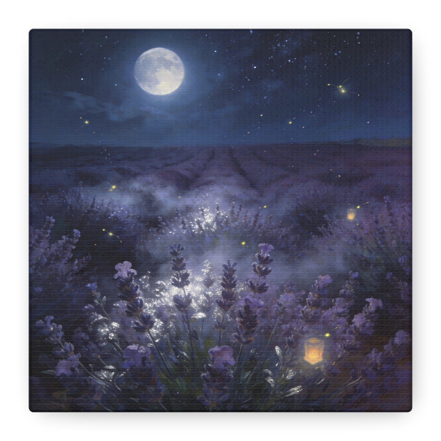 Moonlit Lavender Field Canvas Wall Art - Firefly Night Landscape, capiz shells wall decor - Matte Cotton Art Print, Calming Traditional Style - Bedroom Home Decoration, Office Wall Art - Ready to Hang