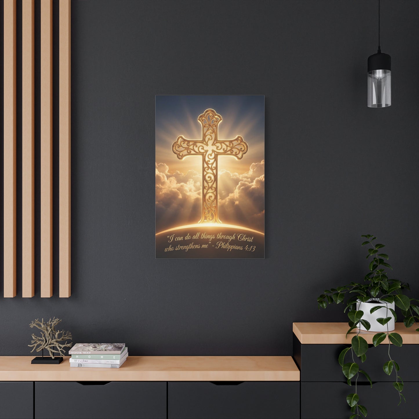 "I Can Do All Things Through Christ Who Strengthens Me" Cross Canvas Wall Art - Philippians 4:13 Scripture Decor, Golden Clouds Christian Wall Hanging, Bedroom Living Room - Bedroom Home Decoration