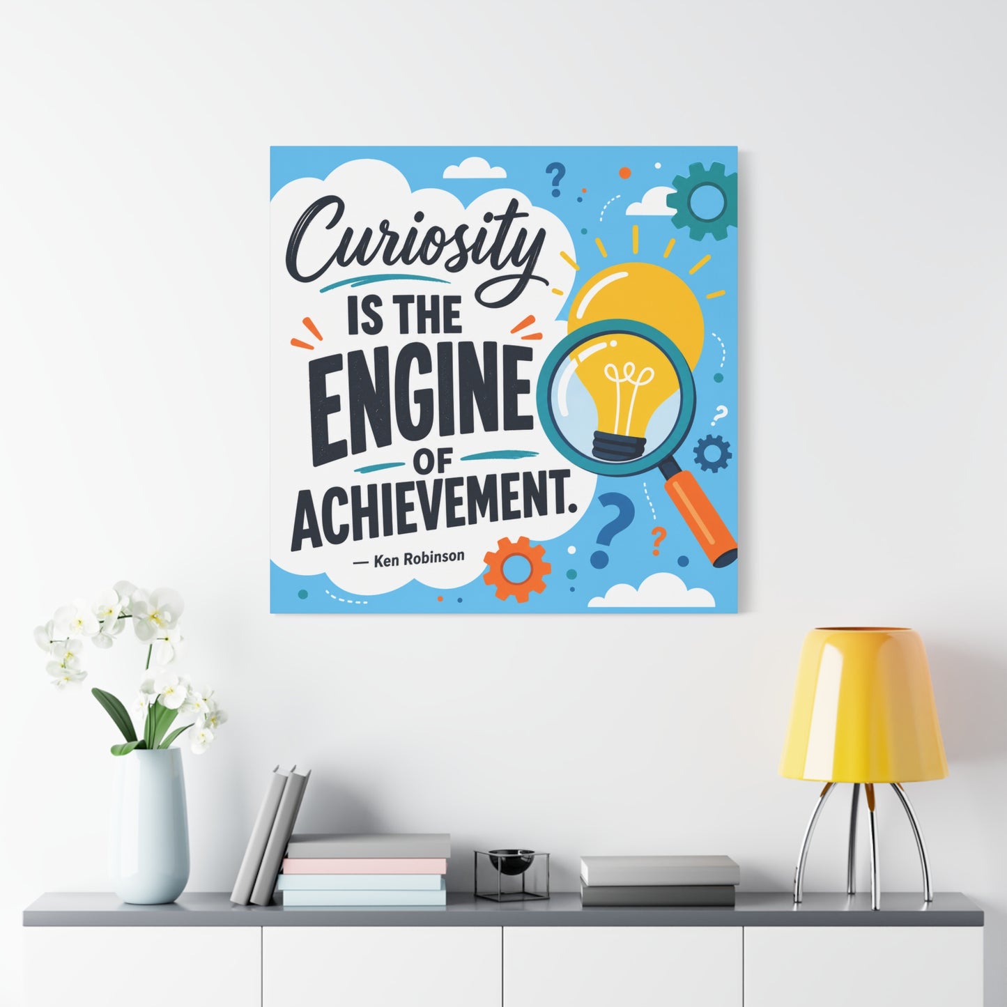 "Curiosity Is The Engine Of Achievement." Quote Canvas Wall Art - Classroom Inspirational Decor, Light Bulb Learning Poster, Teacher Office Wall Hanging, Kids Study Room Decoration - Ready to Hang