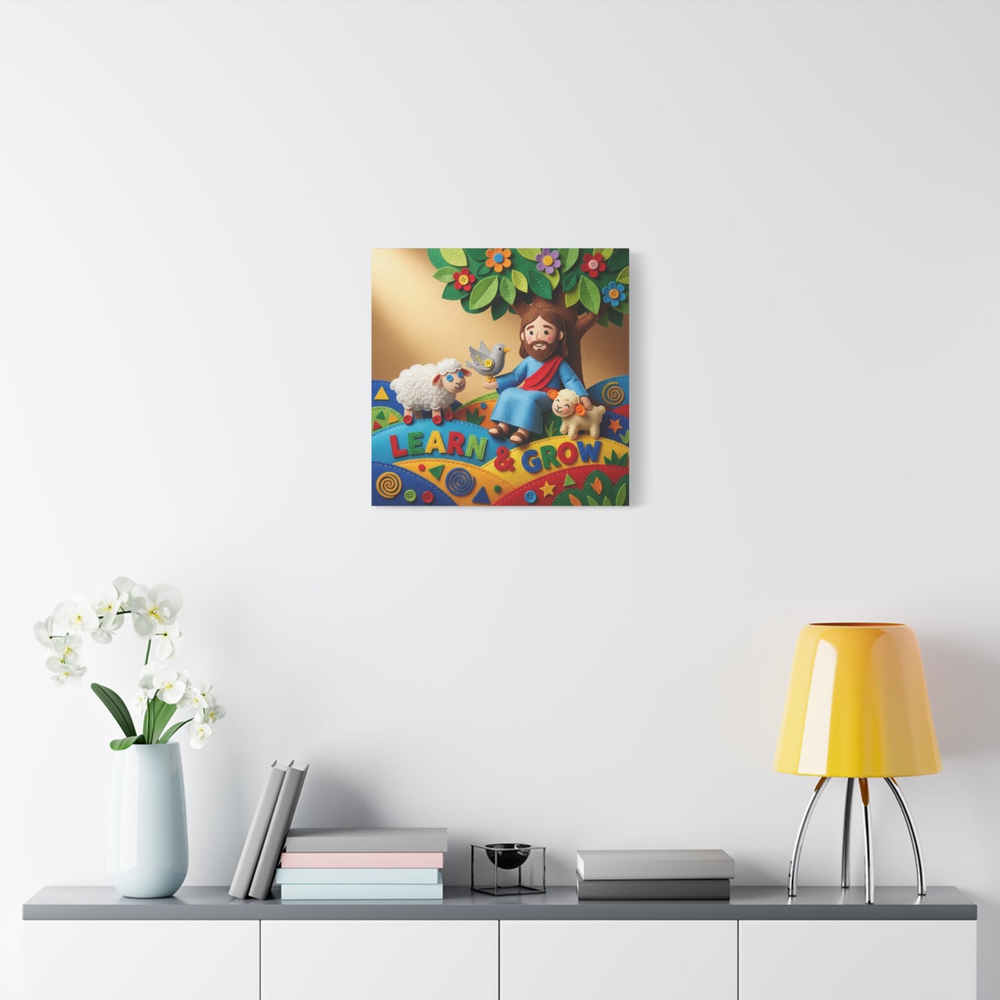 "Learn & Grow" Jesus Canvas Wall Art - Christian Nursery Decor, Lamb And Dove Under Tree - Colorful Felt Style Canvas Print - Kids Room Wall Hanging, Classroom Decoration - Ready to Hang