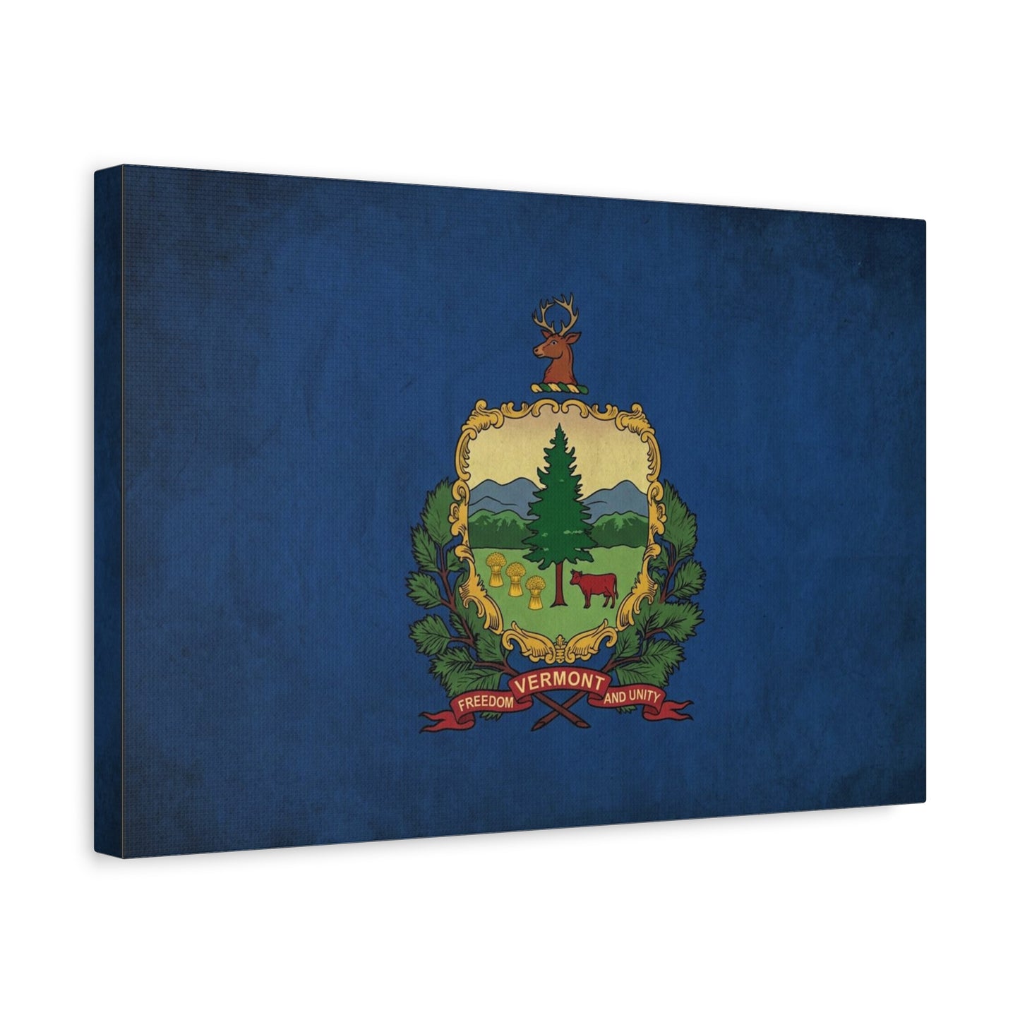 "VERMONT" State Flag Canvas Wall Art - Freedom And Unity Deer Crest Print - Vintage Blue Banner, Rustic Americana Style - Living Room Wall Decor, Office Decoration - Ready to Hang - Ready to Hang