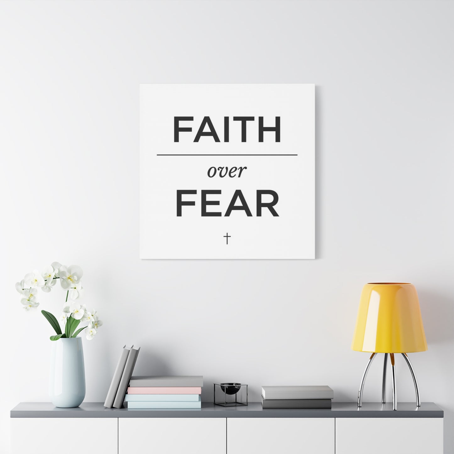 "Faith Over Fear" Christian Canvas Wall Art - Minimalist Bible Verse Cross Print, Black And White Typography Decor - Modern Farmhouse Style - Living Room Bedroom Office Wall Decor