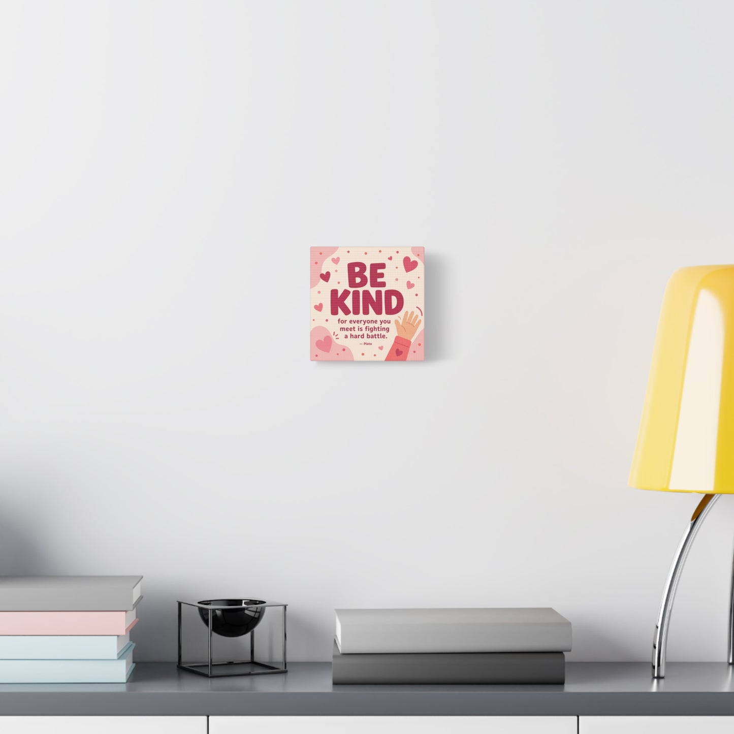 "Be Kind For Everyone You Meet Is Fighting A Hard Battle. - Plato" Canvas Wall Art - Pink Heart Typography Print - Inspirational Bedroom Decor - Modern Nursery Wall Hanging - Bedroom Home Decoration