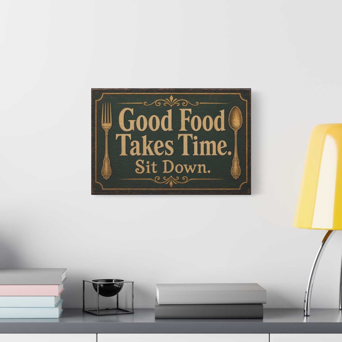 "Good Food Takes Time. Sit Down." Canvas Wall Art - Vintage Typography Decor - Rustic Farmhouse, Restaurant Wall Hanging - Modern Farmhouse Style - Ready to Hang - Bistro Sign Decor - HP Latex Print
