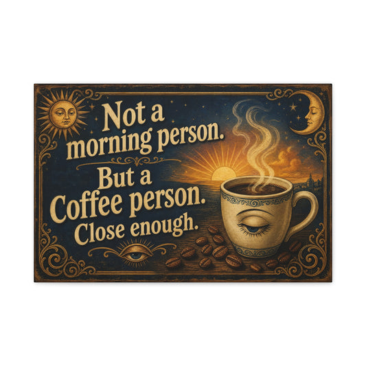 "Not A Morning Person. But A Coffee Person. Close Enough." Canvas Wall Art - Vintage Celestial Coffee Quote Decor, Matte Print - Bohemian Wall Hanging - Ready to Hang - Bistro Decor - HP Latex Print