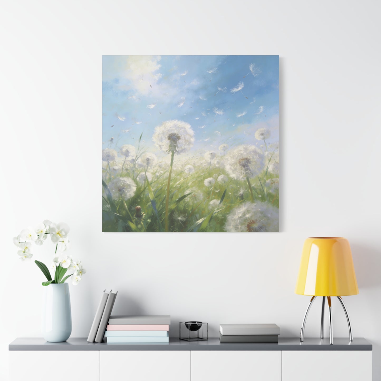Dandelion Meadow Canvas Wall Art - Blue Sky Botanical Canvas Print, Soft Pastel Nature Wall Decor - Matte Cotton Artwork - Bedroom Home Decoration, Living Room Accent - Bedroom Home Decoration