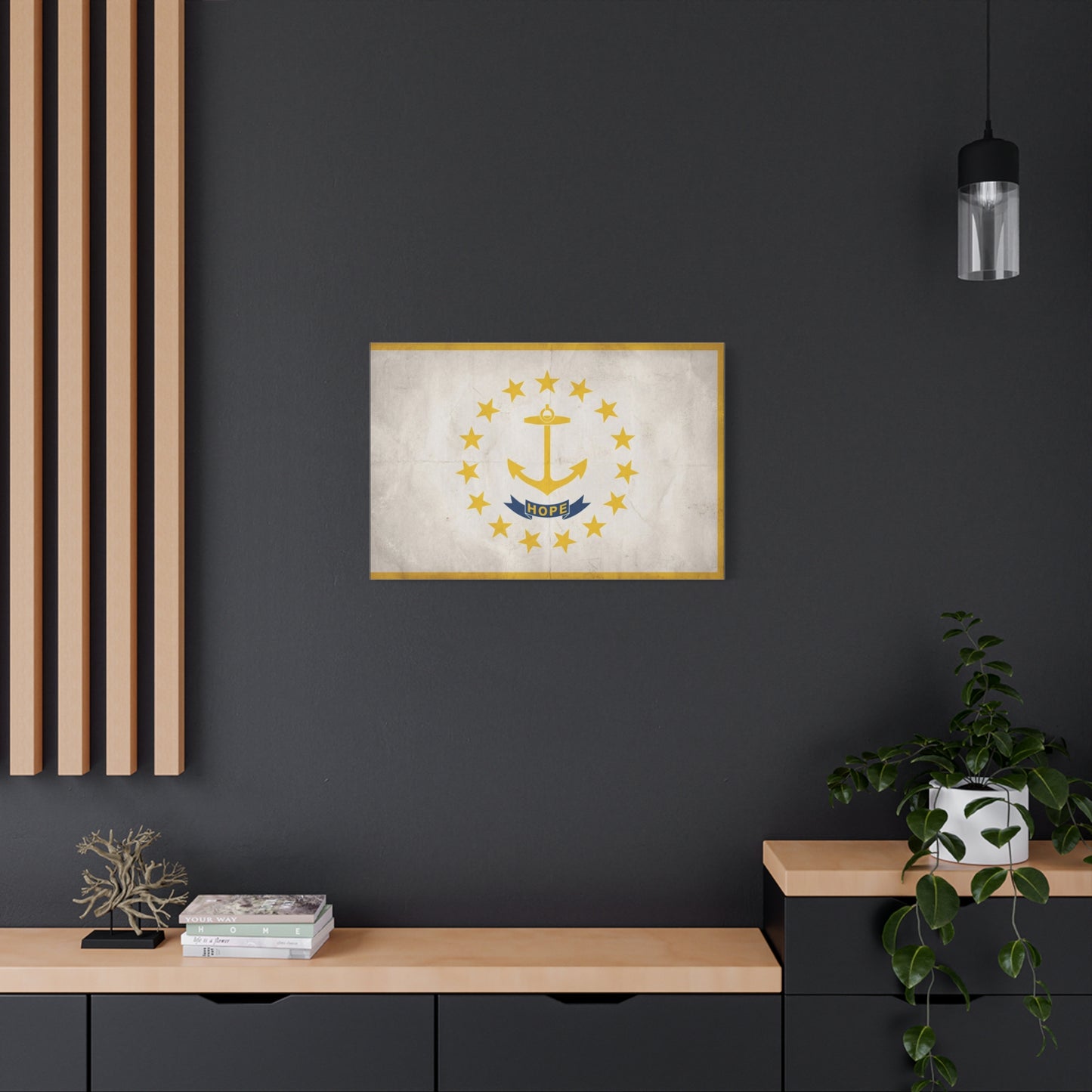 "HOPE" Rhode Island Flag Canvas Wall Art - Anchor And Stars State Print, Vintage Nautical Decor - Minimalist Gold Blue Design - Living Room Wall Decor - Bedroom Home Decoration - Cozy Reading Nook Art