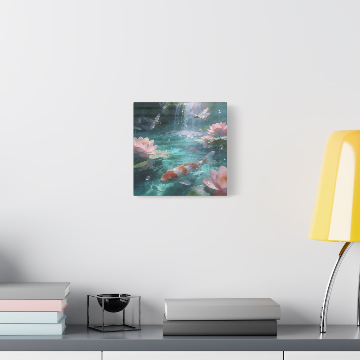 Koi Fish Lotus Canvas Wall Art - Dragonflies Over Teal Pond Water, Pink Water Lily Floral Scene - Dreamy Matte Canvas Print - Bedroom Wall Decor, Living Room Home Accent - Bedroom Home Decoration