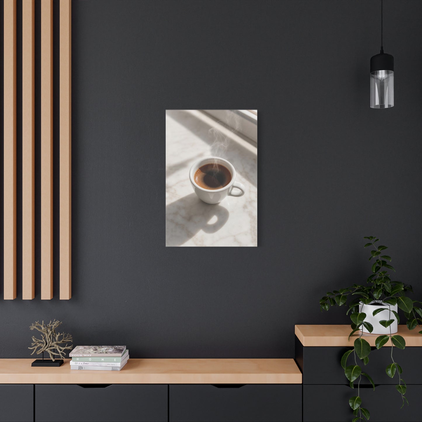 Steaming Espresso Coffee Cup Canvas Wall Art - Minimalist Sunlit Art Print, Matte Cotton Print - Contemporary Kitchen Decor, Dining Room Accent, Cafe Wall Decor, Office Art - Bedroom Home Decoration