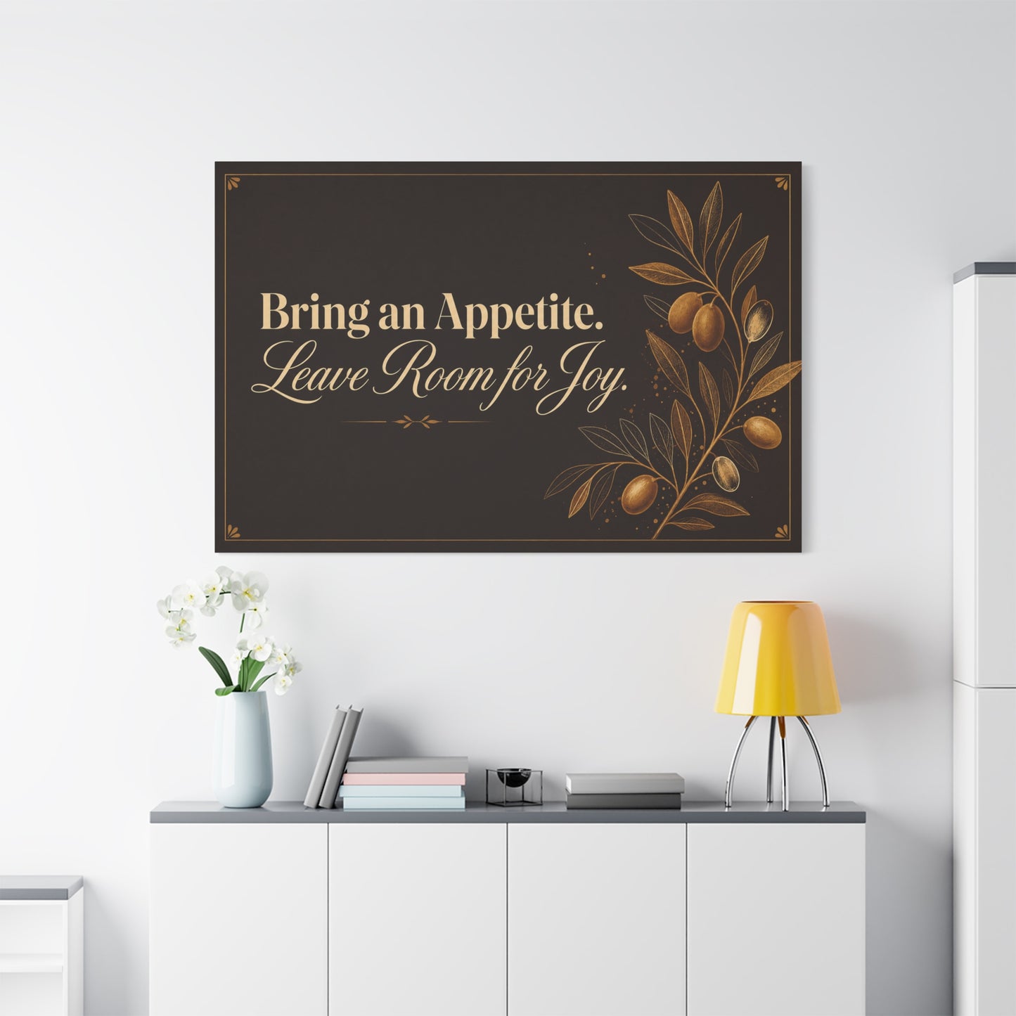 "Bring An Appetite. Leave Room For Joy." Typography Canvas Wall Art - Olive Branch Kitchen Decor - Vintage Dark Brown And Gold Quote Print - Dining Room Home Decoration - Bedroom Home Decoration