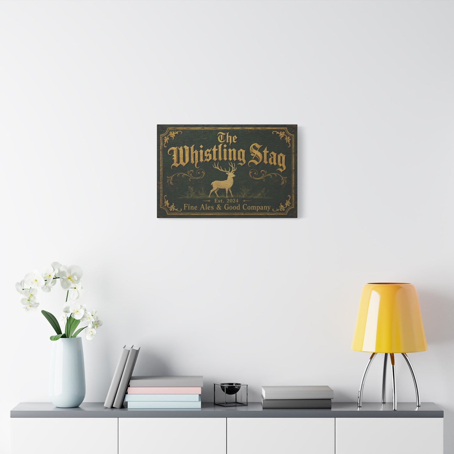 "The Whistling Stag" Canvas Wall Art - Vintage Deer Tavern Sign, Rustic Typography Print - Woodland Pub Style, Green And Gold - Bar Cart Accent - Ready to Hang - Pub Wall Art - Cocktail Lounge Decor