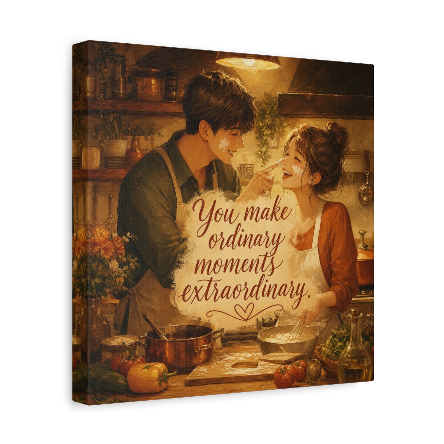 "You Make Ordinary Moments Extraordinary" Couple Canvas Wall Art - Romantic Kitchen Scene, Warm Vintage Illustration Print - Cozy Living Room Decor, Farmhouse Home Accent - Living Room Wall Decor