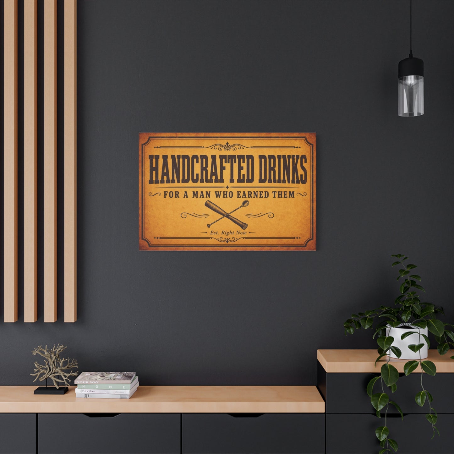 "Handcrafted Drinks For A Man Who Earned Them" Canvas Wall Art - Vintage Bar Sign, Rustic Typography Decor, Whiskey Lounge Wall Hanging - Ready to Hang - Ready to Hang - Cocktail Lounge Decor