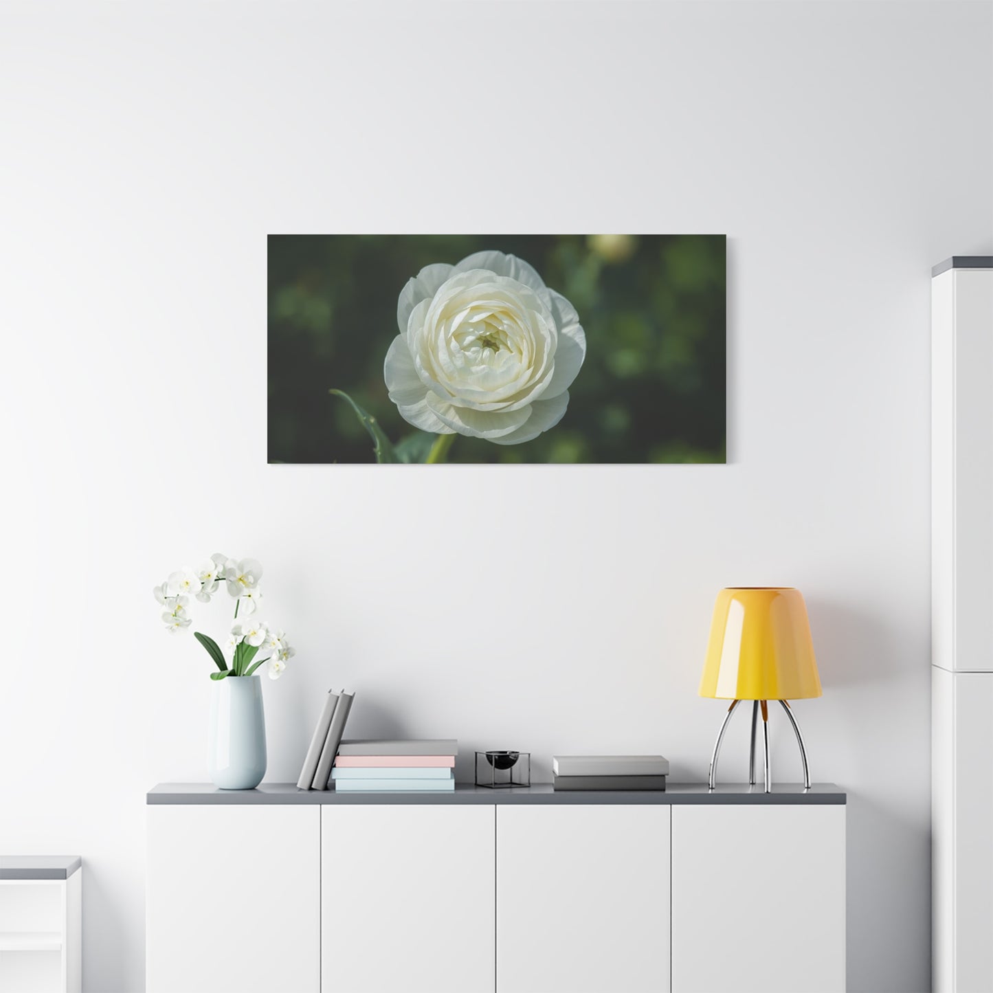 White Ranunculus Flower Canvas Wall Art - Botanical Floral Art Print - Soft Green Background, Matte Cotton Decor - Bedroom Wall Hanging, Bathroom Accent, Spa Style - Bedroom Home Decoration