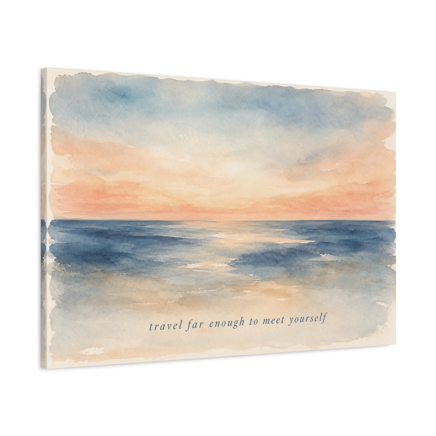"Travel Far Enough To Meet Yourself" Coastal Canvas Wall Art - Watercolor Ocean Sunset Quote Print - Serene Beach Seascape Decor - Bedroom Living Room Wall Decor - Bedroom Home Decoration