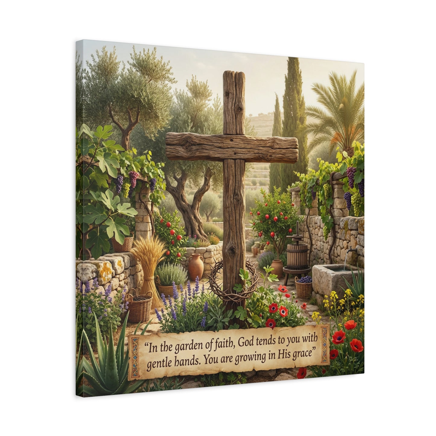 "In The Garden Of Faith, God Tends To You With Gentle Hands. You Are Growing In His Grace" Canvas Wall Art - Rustic Wooden Cross, Christian Garden Scene - Living Room Wall Decor - Ready to Hang