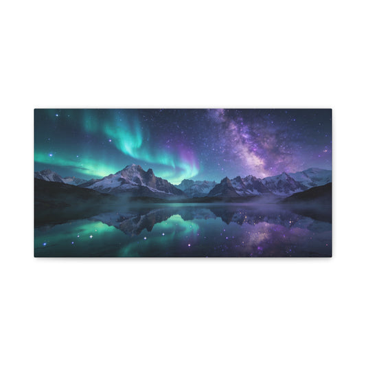 Aurora Borealis Mountain Lake Canvas Wall Art - Starry Night Sky Landscape Print, Milky Way Reflection, Contemporary Nature Decor - Living Room Wall Decor, Bedroom Home Decoration - Ready to Hang