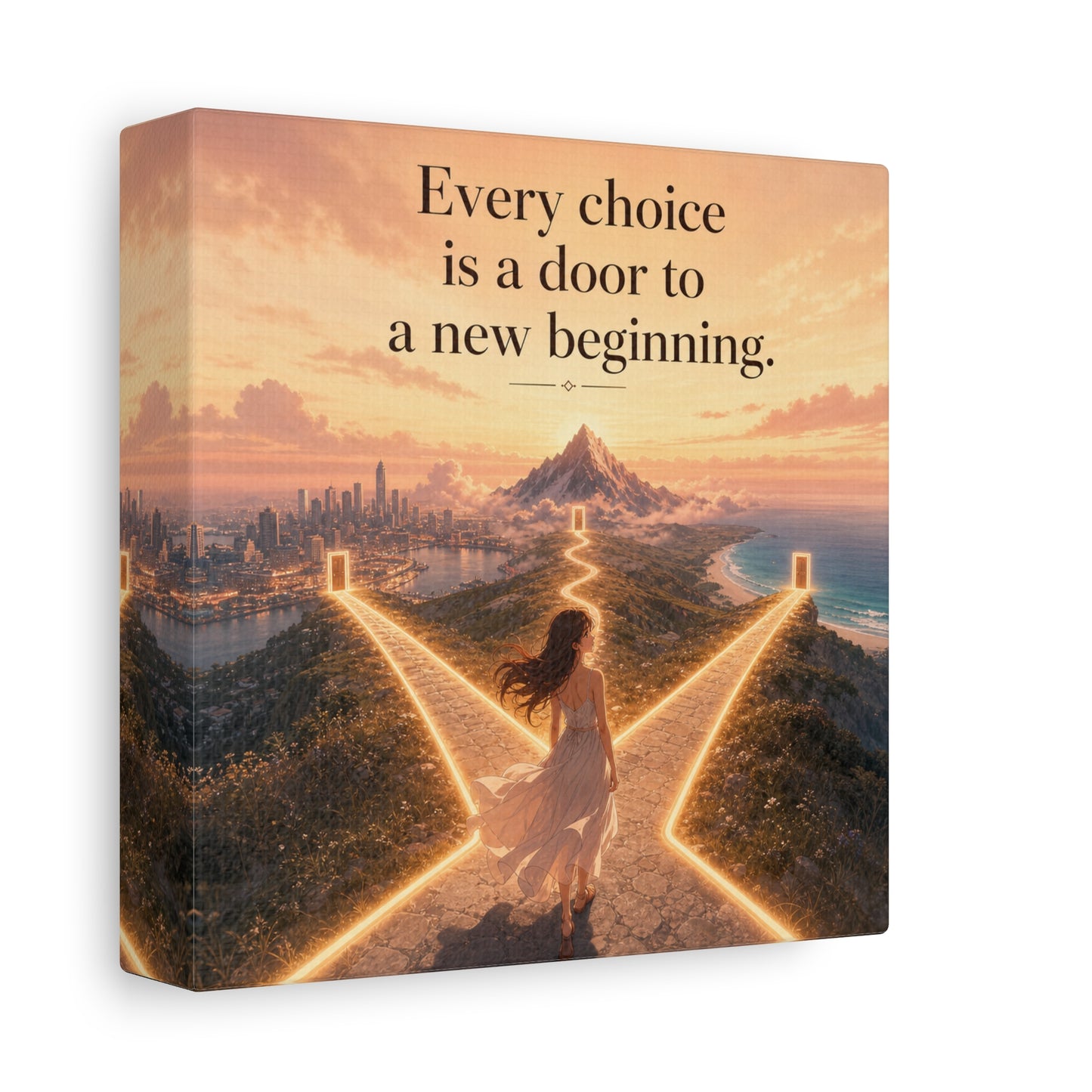 "Every Choice Is A Door To A New Beginning." Inspirational Canvas Wall Art - Woman At Glowing Crossroads Path, Mountain And Coast Dreamscape - Modern Typography Decor For Bedroom Office