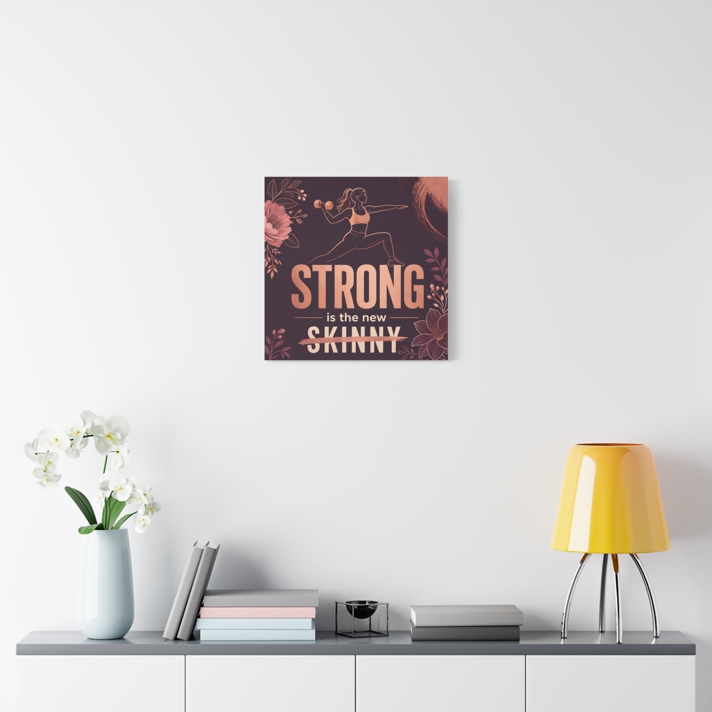 "Strong Is The New Skinny" Fitness Canvas Wall Art - Woman With Dumbbell Floral Quote Print - Rose Gold Motivational Decor - Modern Bedroom Wall Decor - Bedroom Home Decoration - Cozy Reading Nook Art