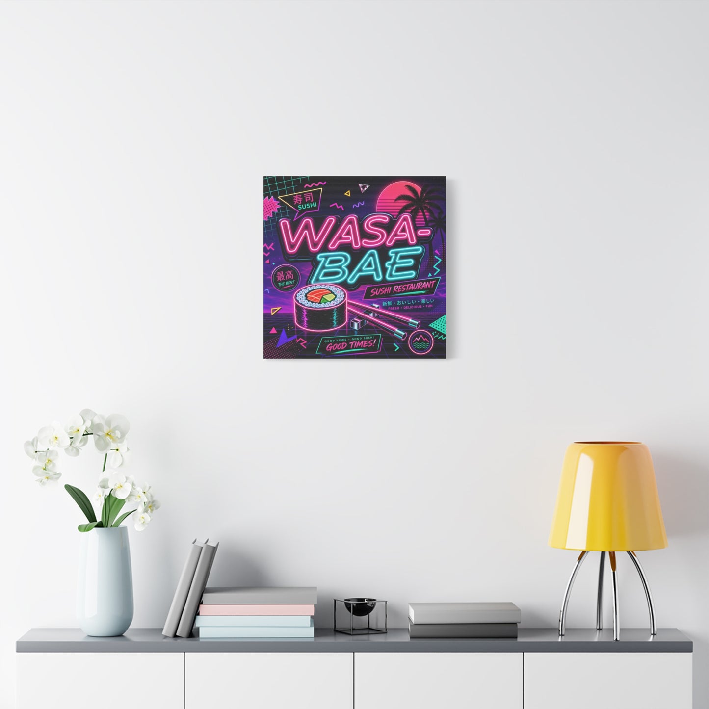 "WASA-BAE" Sushi Canvas Print - Neon Japanese Restaurant Sign, Retro Vaporwave Illustration - Matte Cotton Decor, Cafe Wall Accent, Dining Space Artwork, Lounge Interior Style - Office Wall Art