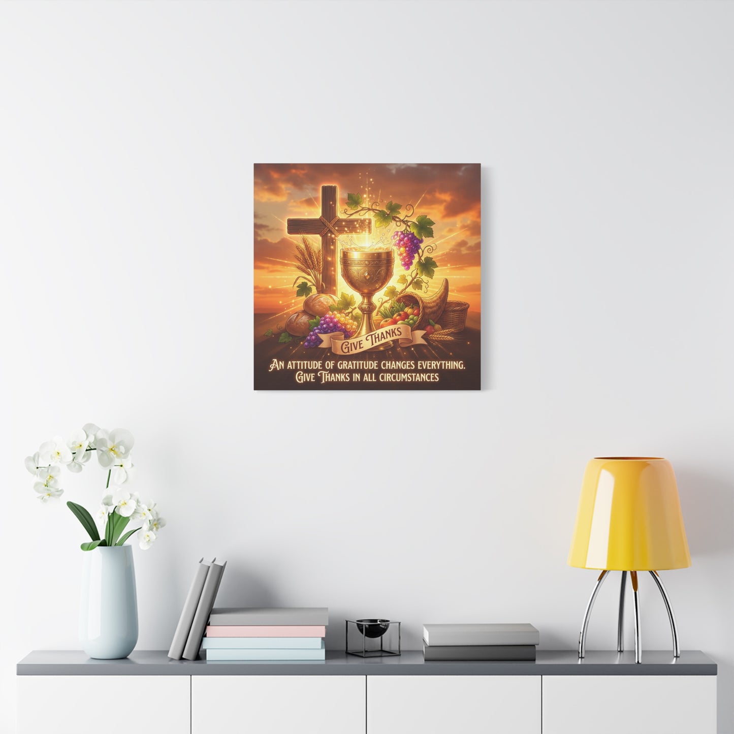 "Give Thanks" Christian Canvas Wall Art - Cross, Communion Chalice, Grapes, Bread - Gratitude Scripture Decor, Matte Cotton Print - Ready to Hang