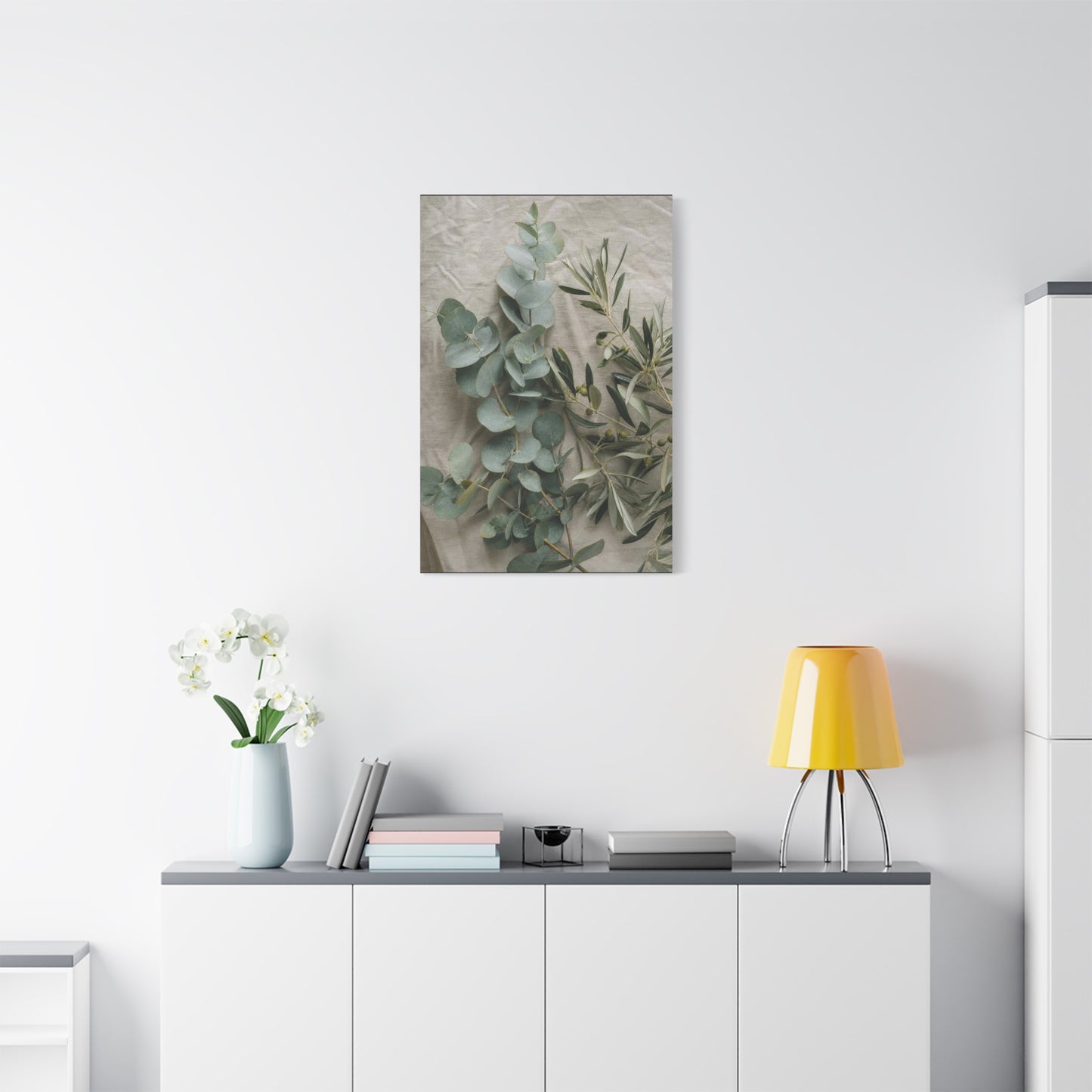 Eucalyptus And Olive Branch Canvas Wall Art - Botanical Still Life, Soft Sage Beige Tones - Matte Cotton Print, Minimalist Traditional Style - Bedroom Decoration, Spa Accent - Living Room Wall Decor