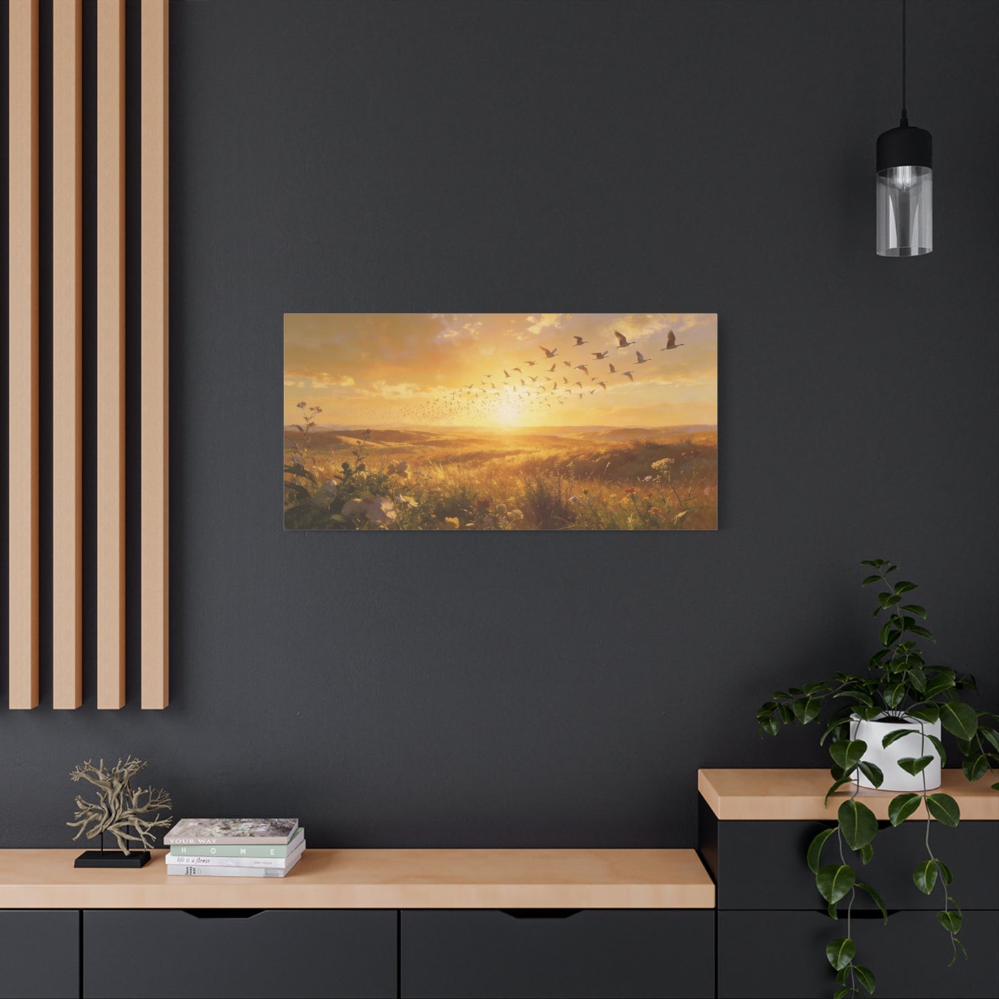 Golden Meadow Sunrise Canvas Wall Art - Flying Birds Over Wildflower Landscape, Lighted Patriotic Wall Hanging Banne Tone, Matte Finish Print - Rustic Living Room Decor - Bedroom Home Decoration