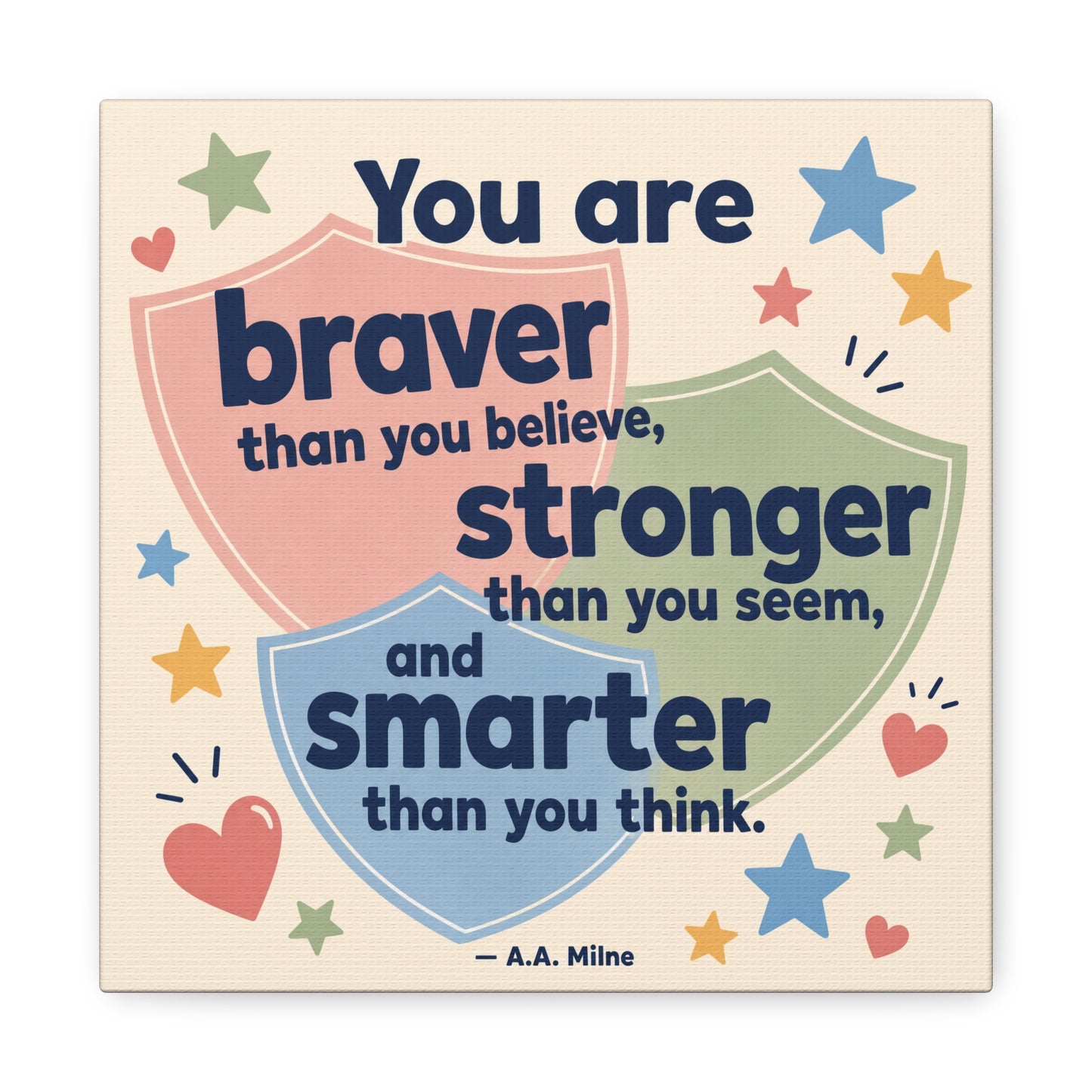 "You Are Braver, Stronger, Smarter" Quote Canvas Wall Art - Kids Inspirational Typography Print, Pastel Shield Stars Hearts Design - Nursery Bedroom Classroom Decor - Office Wall Art - Ready to Hang