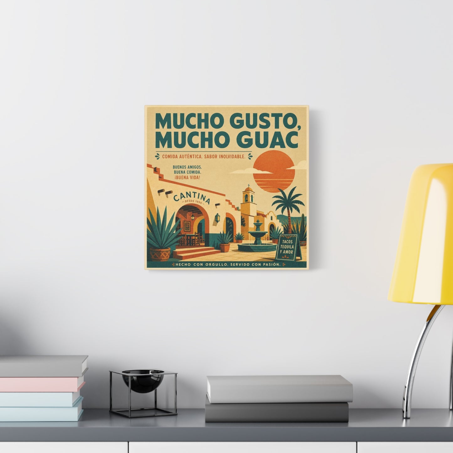"Mucho Gusto, Mucho Guac" Cantina Canvas Wall Art - Mexican Restaurant Typography Print, Vintage Desert Courtyard Illustration, Cafe Wall Decor, Tequila Bar Sign, Workspace Accent - Ready to Hang